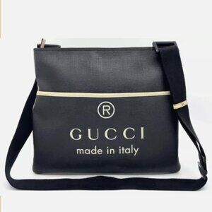 Authentic Gucci Logo Messenger Crossbody Bag Black Canvas Leather Trim Designer